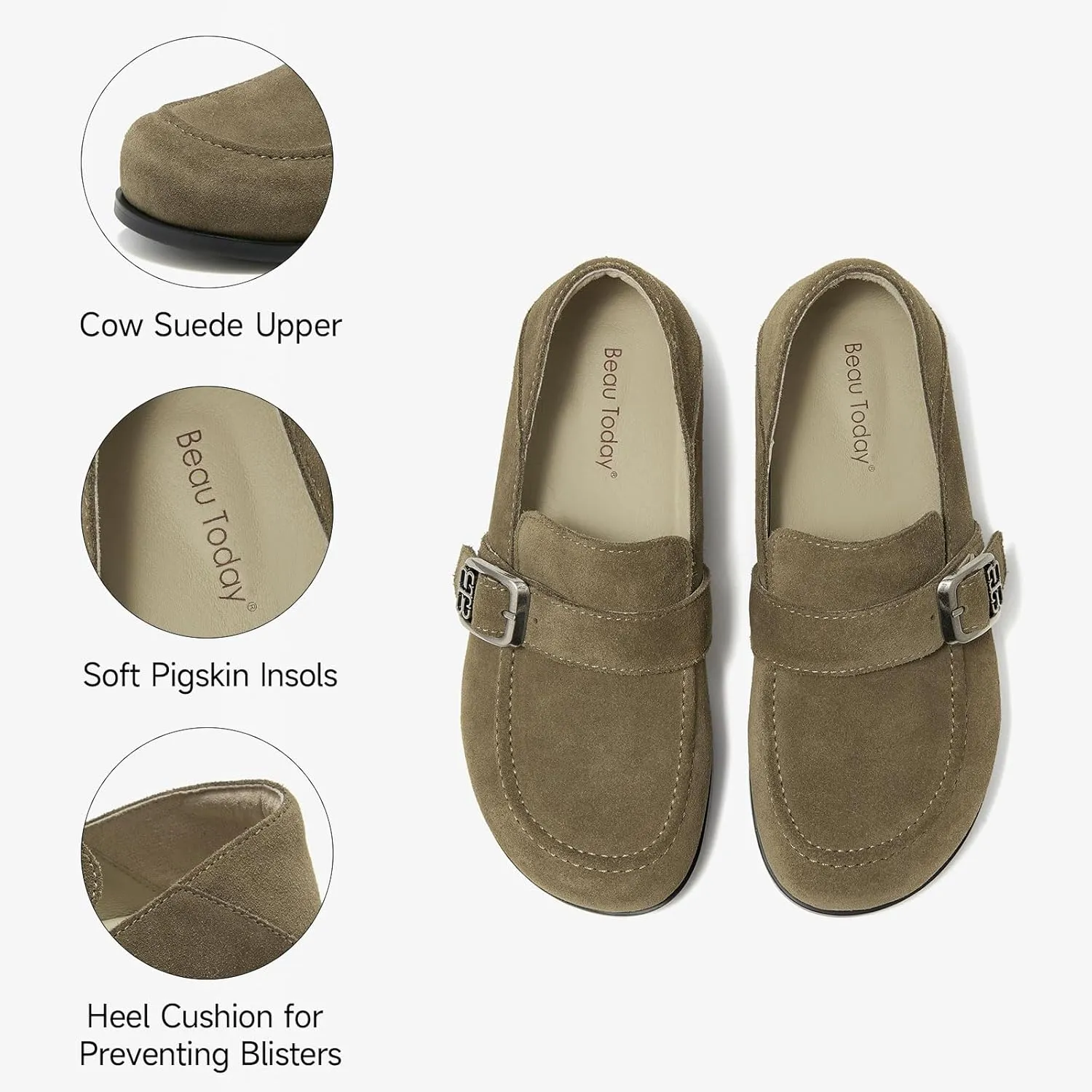 BEAU TODAY Suede Leather Loafers Women, Women??s Slip On Wide Width Loafers Flats Shoes, Footbed Comfortable Casual Dress Potato Shoes with Arch Support and Adjustable Buckle