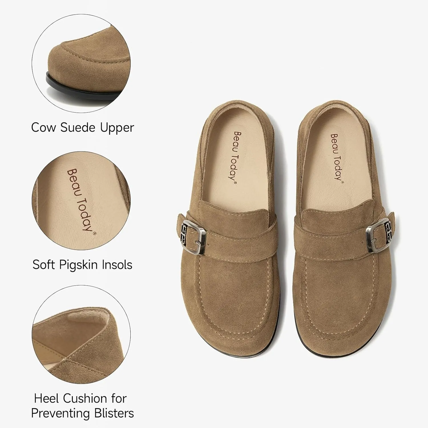 BEAU TODAY Suede Leather Loafers Women, Women??s Slip On Wide Width Loafers Flats Shoes, Footbed Comfortable Casual Dress Potato Shoes with Arch Support and Adjustable Buckle