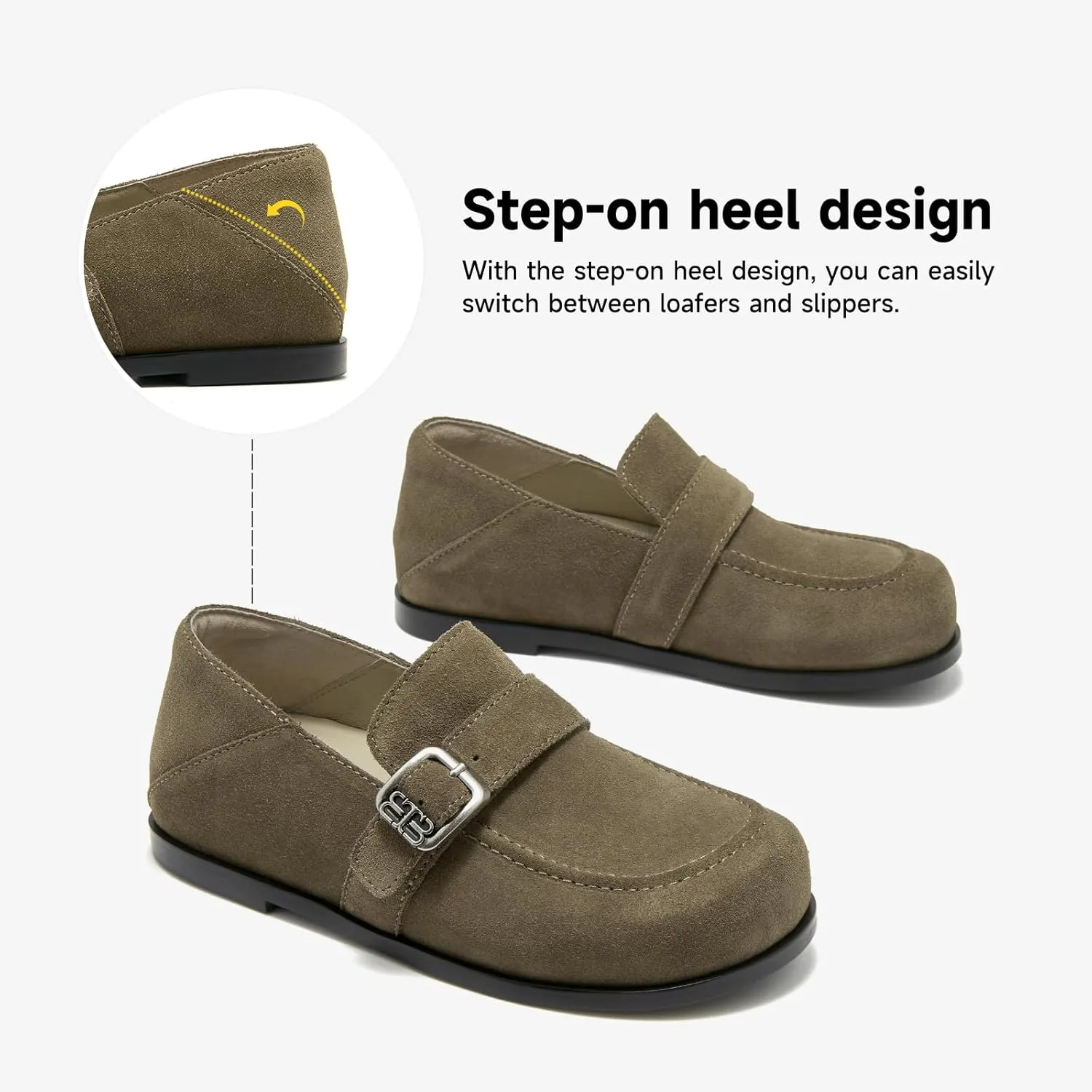 BEAU TODAY Suede Leather Loafers Women, Women??s Slip On Wide Width Loafers Flats Shoes, Footbed Comfortable Casual Dress Potato Shoes with Arch Support and Adjustable Buckle