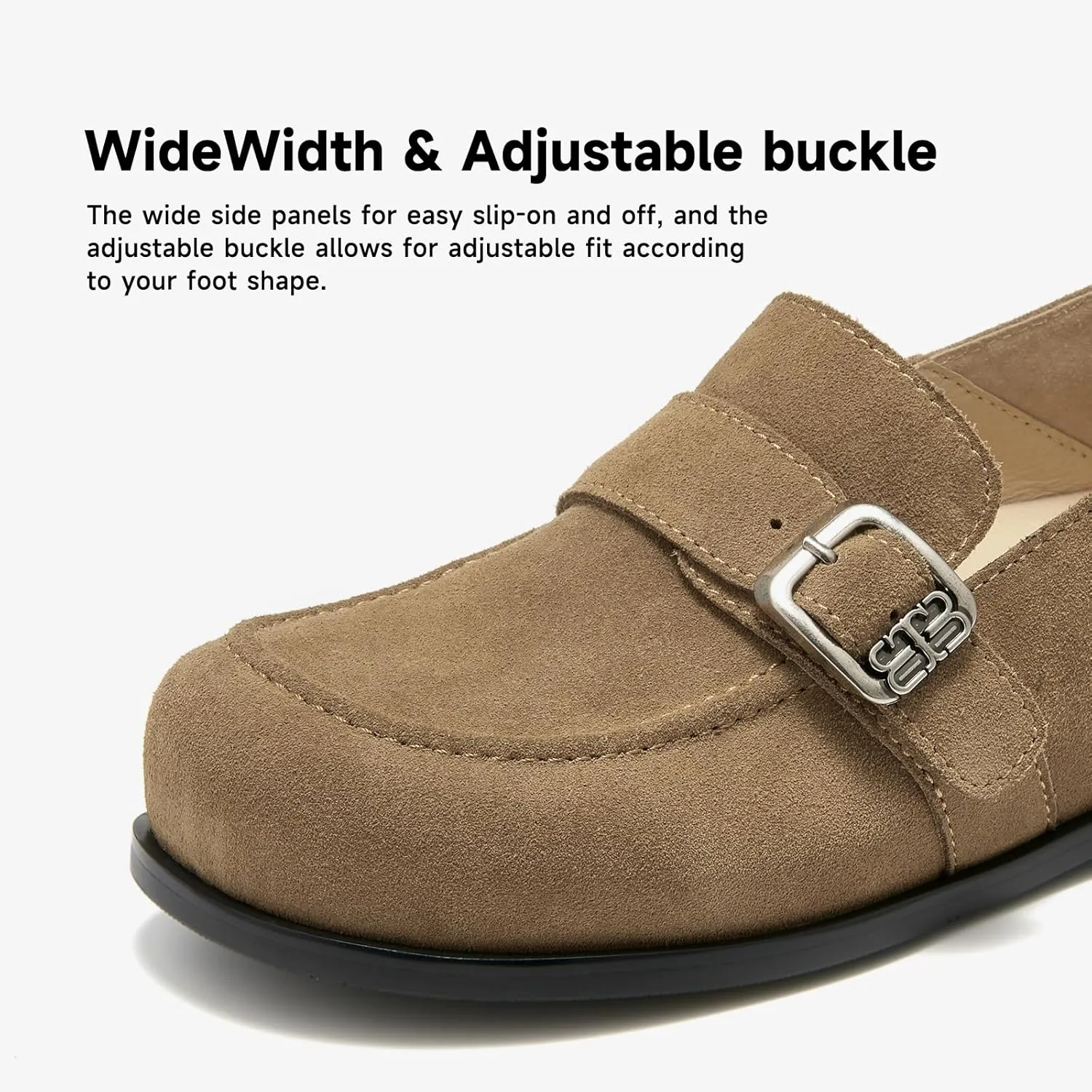 BEAU TODAY Suede Leather Loafers Women, Women??s Slip On Wide Width Loafers Flats Shoes, Footbed Comfortable Casual Dress Potato Shoes with Arch Support and Adjustable Buckle