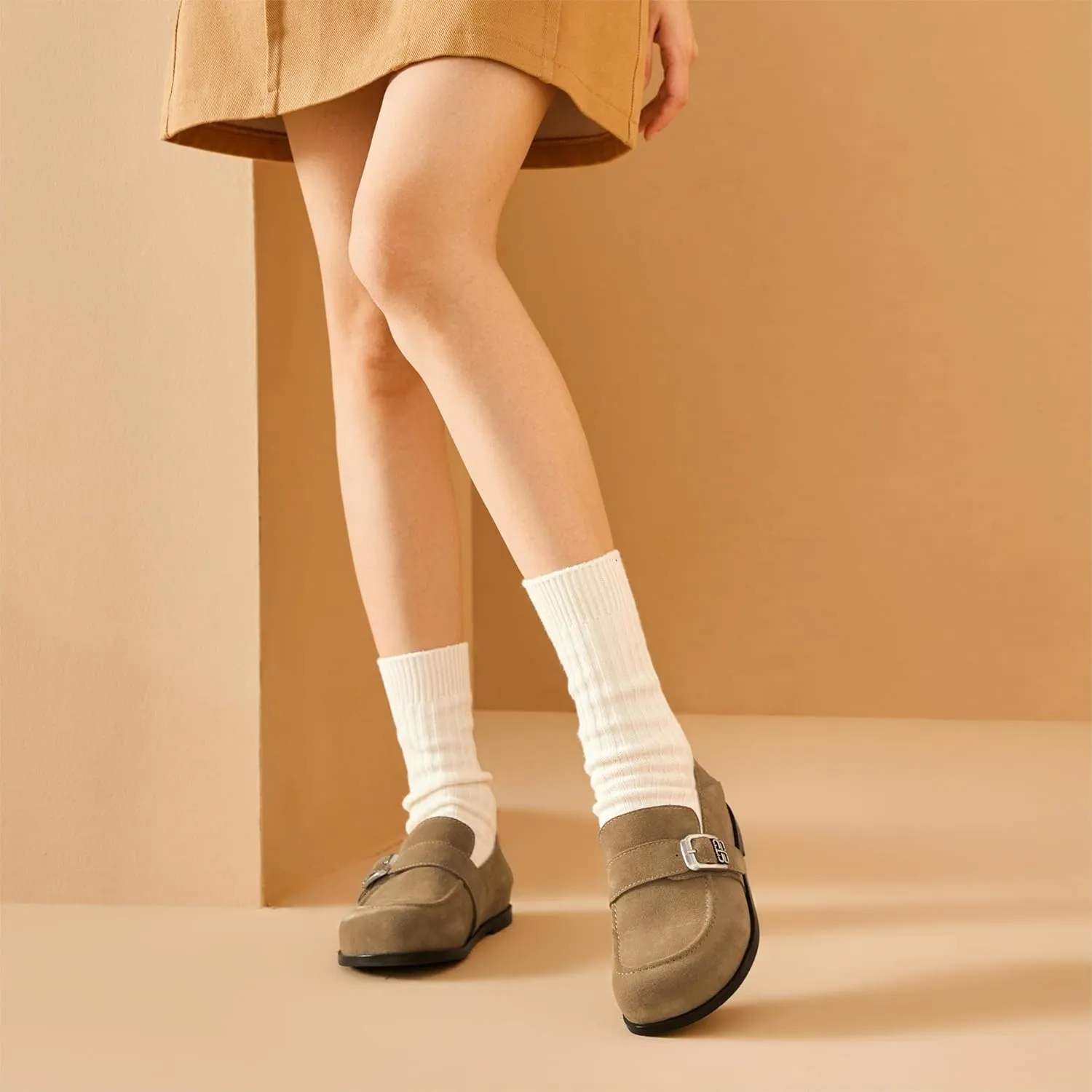 BEAU TODAY Suede Leather Loafers Women, Women??s Slip On Wide Width Loafers Flats Shoes, Footbed Comfortable Casual Dress Potato Shoes with Arch Support and Adjustable Buckle