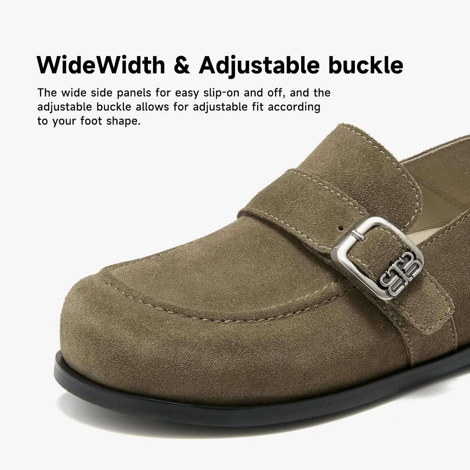 BEAU TODAY Suede Leather Loafers Women, Women??s Slip On Wide Width Loafers Flats Shoes, Footbed Comfortable Casual Dress Potato Shoes with Arch Support and Adjustable Buckle