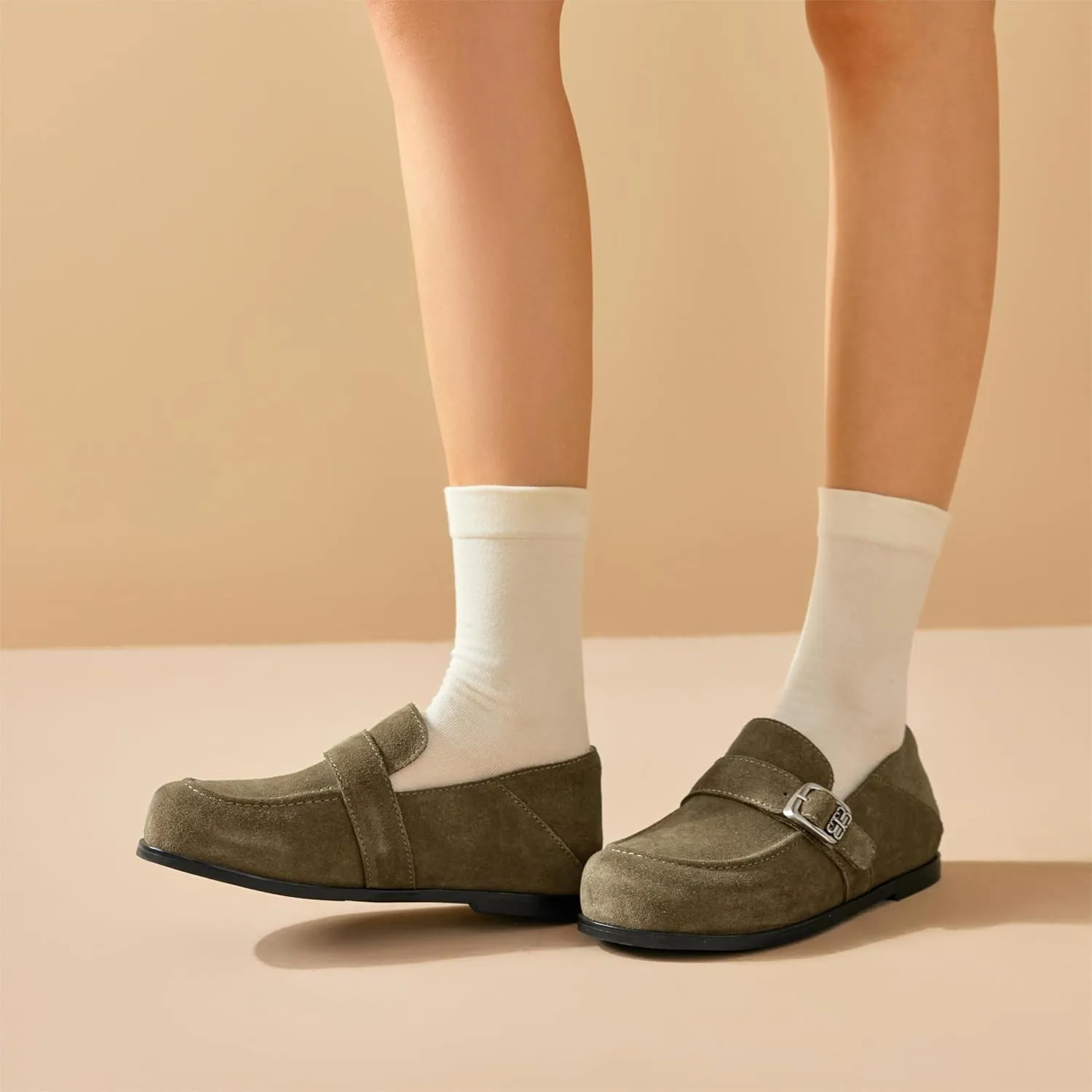 BEAU TODAY Suede Leather Loafers Women, Women??s Slip On Wide Width Loafers Flats Shoes, Footbed Comfortable Casual Dress Potato Shoes with Arch Support and Adjustable Buckle