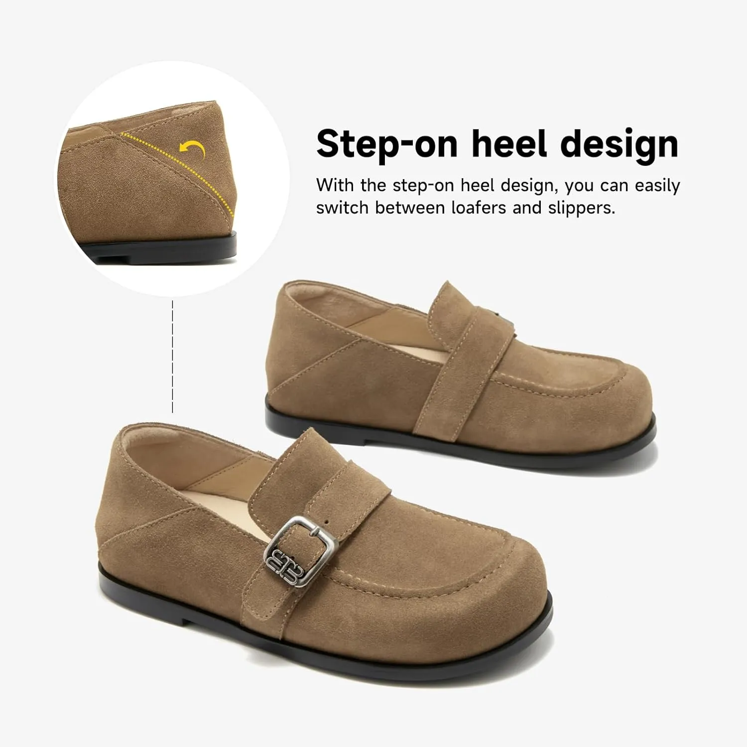 BEAU TODAY Suede Leather Loafers Women, Women??s Slip On Wide Width Loafers Flats Shoes, Footbed Comfortable Casual Dress Potato Shoes with Arch Support and Adjustable Buckle