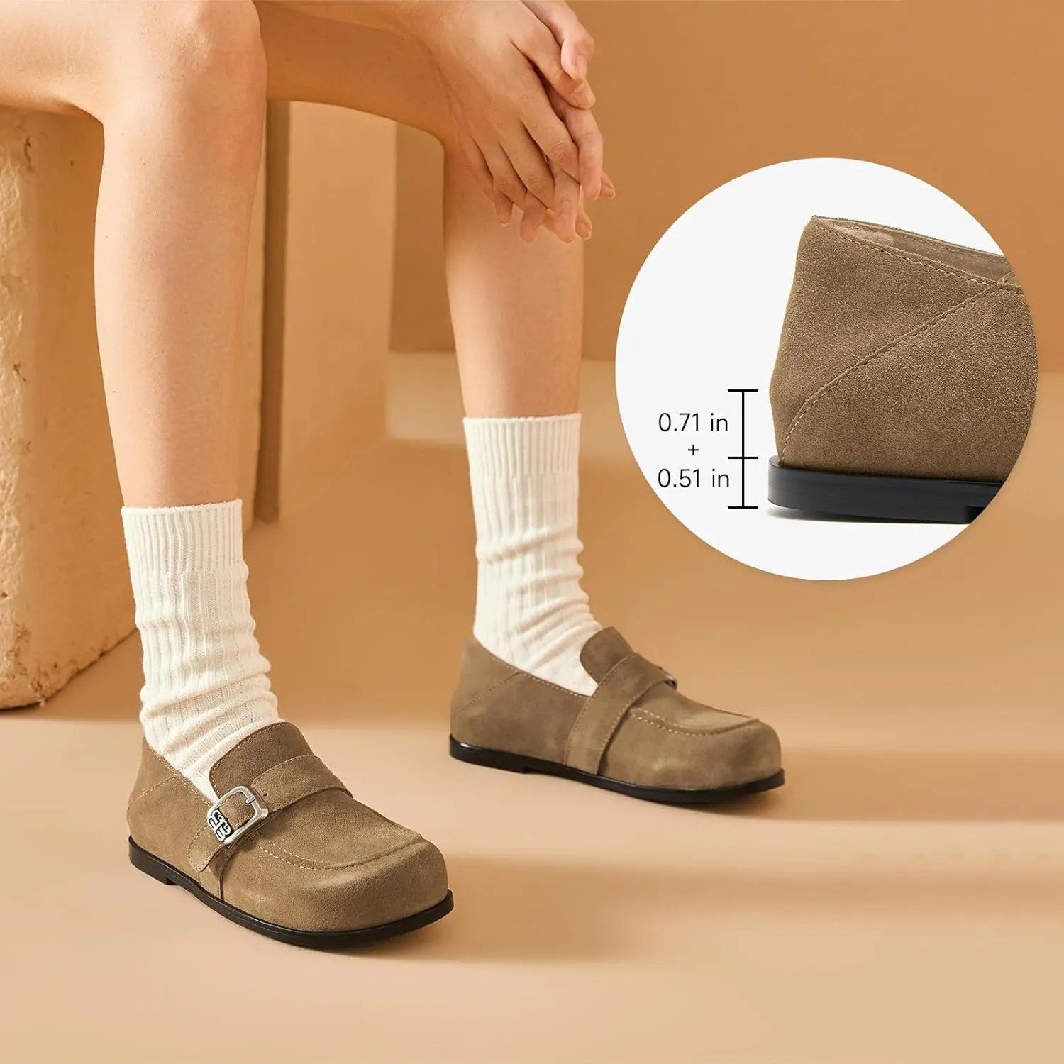 BEAU TODAY Suede Leather Loafers Women, Women??s Slip On Wide Width Loafers Flats Shoes, Footbed Comfortable Casual Dress Potato Shoes with Arch Support and Adjustable Buckle