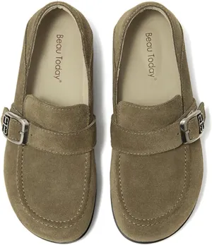 BEAU TODAY Suede Leather Loafers Women, Women??s Slip On Wide Width Loafers Flats Shoes, Footbed Comfortable Casual Dress Potato Shoes with Arch Support and Adjustable Buckle