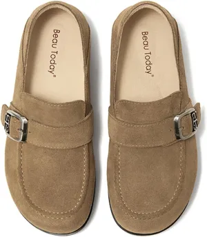 BEAU TODAY Suede Leather Loafers Women, Women??s Slip On Wide Width Loafers Flats Shoes, Footbed Comfortable Casual Dress Potato Shoes with Arch Support and Adjustable Buckle