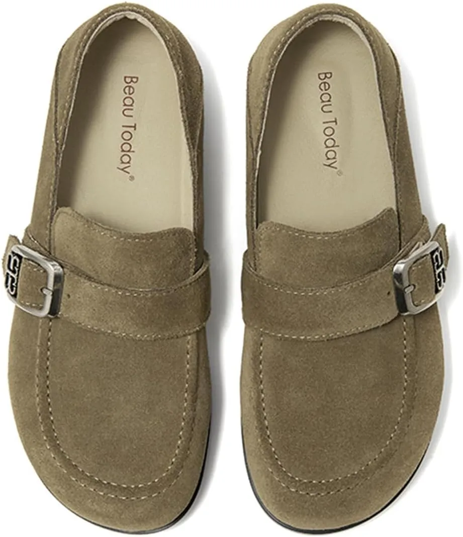 BEAU TODAY Suede Leather Loafers Women, Women??s Slip On Wide Width Loafers Flats Shoes, Footbed Comfortable Casual Dress Potato Shoes with Arch Support and Adjustable Buckle