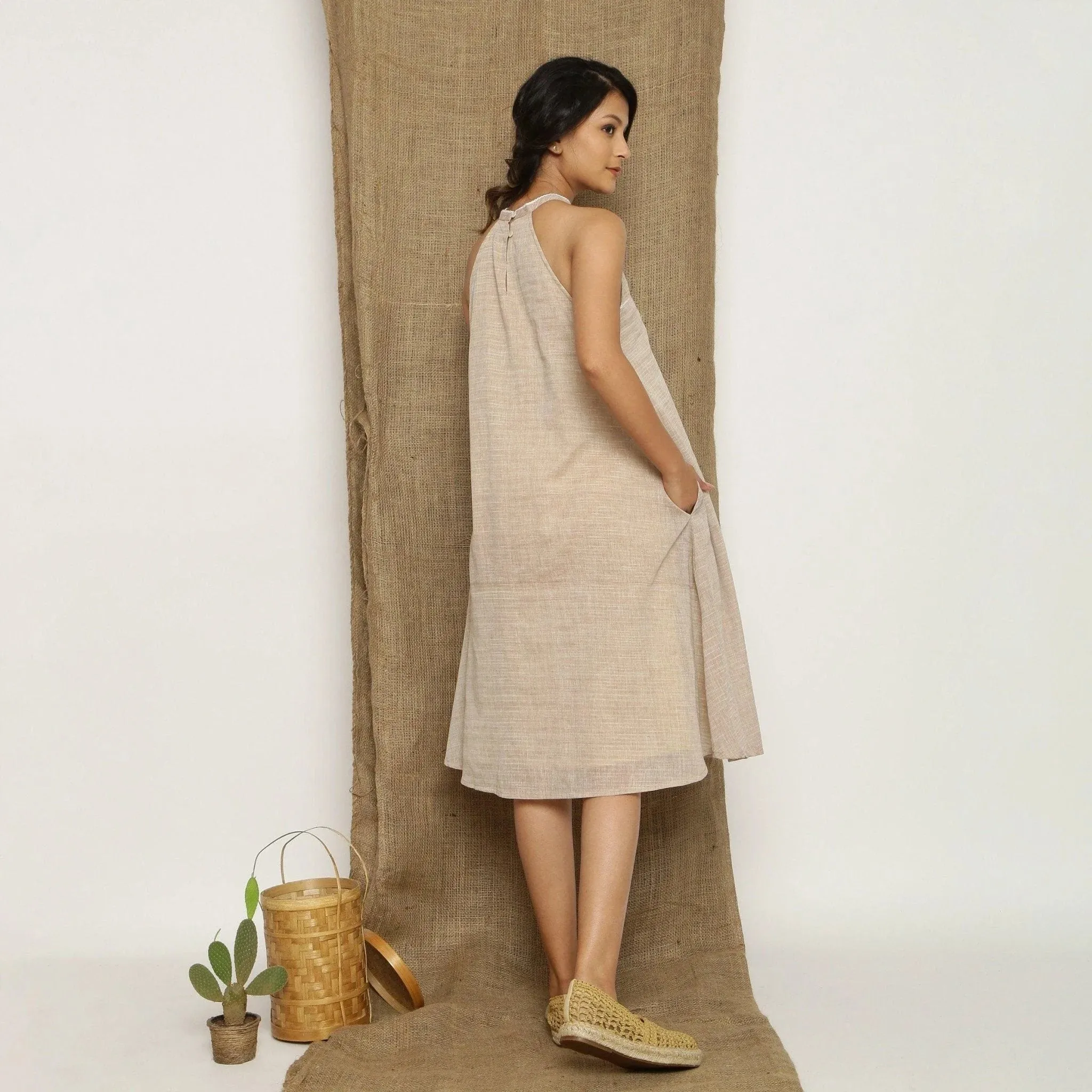 Beige Handspun Cotton Lace Knee Length Paneled Dress