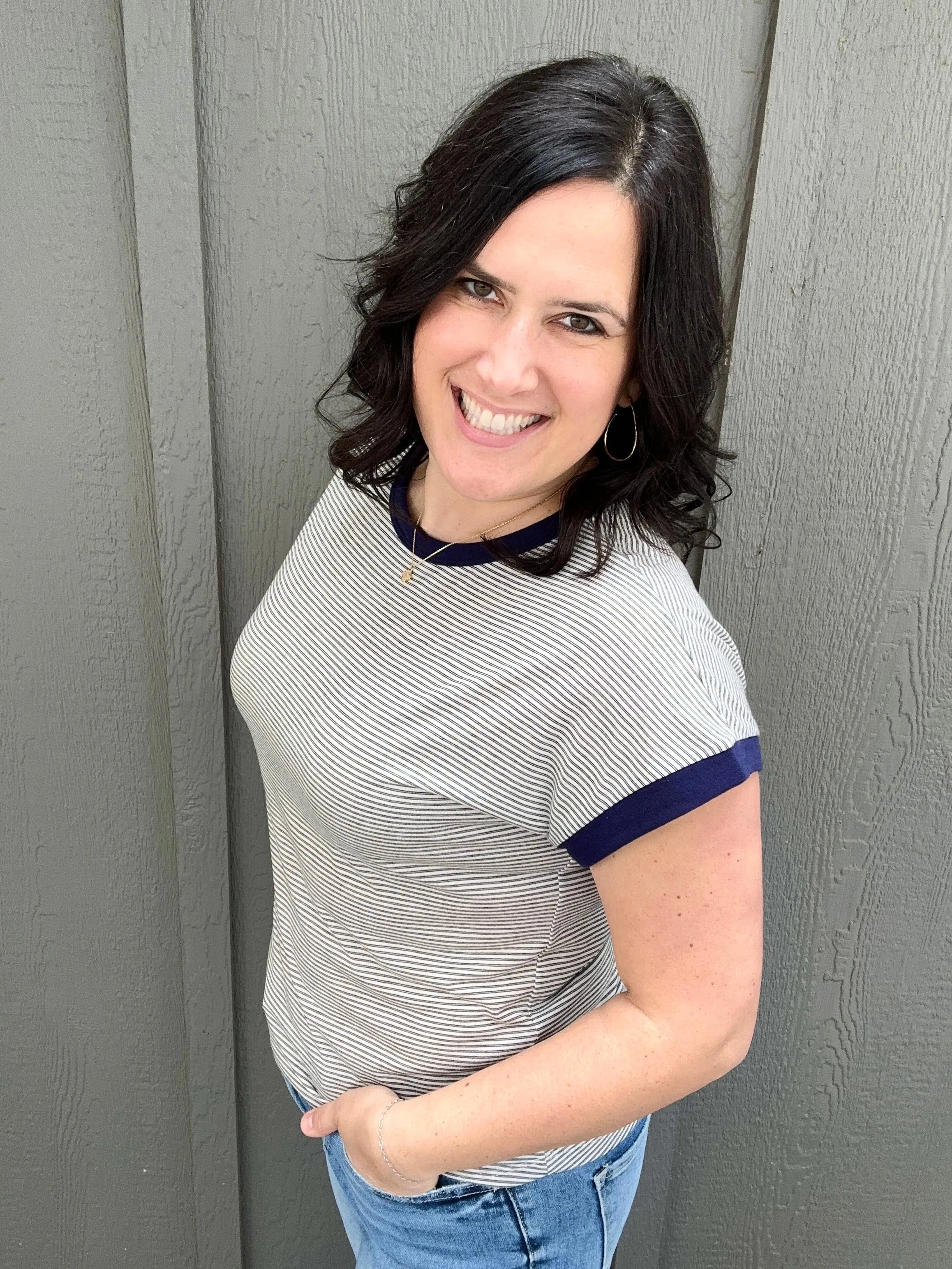 Black Pinstriped Navy Trim Top