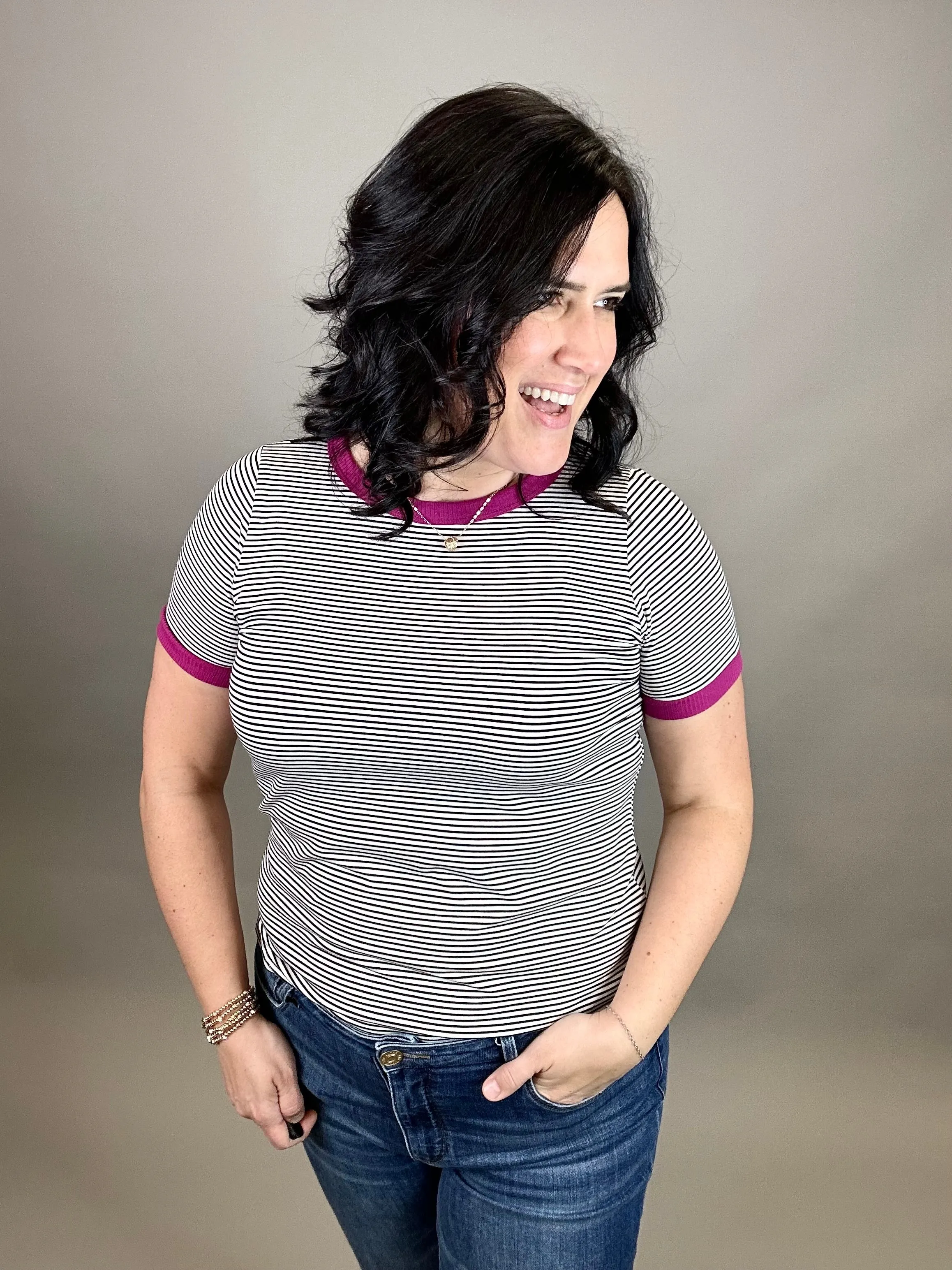 Black/Magenta Pinstriped Top