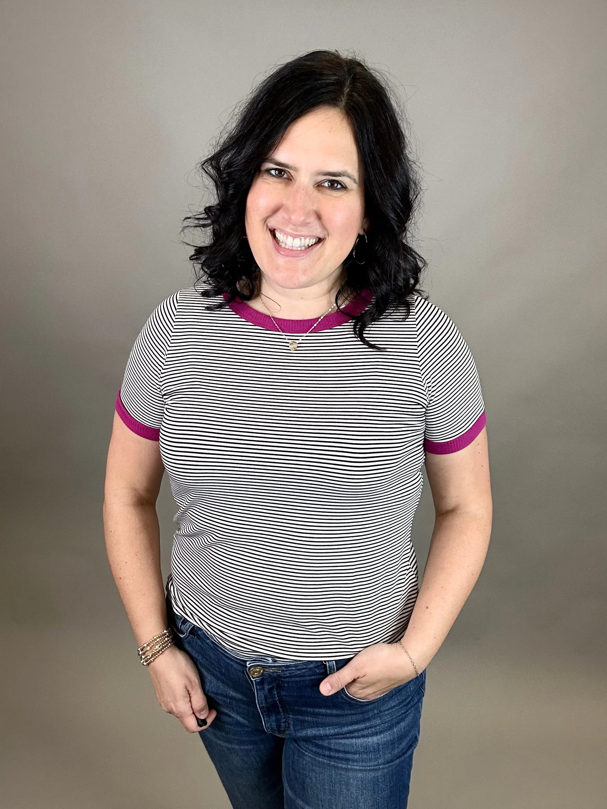 Black/Magenta Pinstriped Top