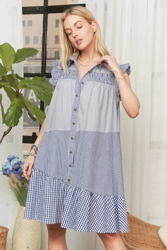 Blue Gingham Ruffle Sleeve Button Down Babydoll Dress