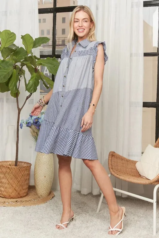 Blue Gingham Ruffle Sleeve Button Down Babydoll Dress