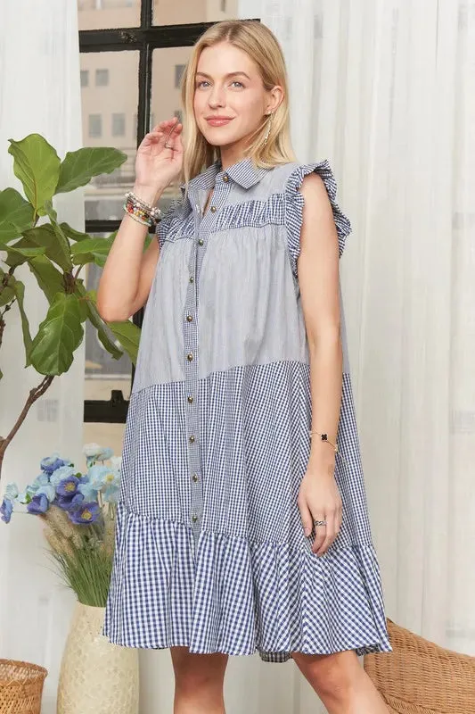 Blue Gingham Ruffle Sleeve Button Down Babydoll Dress