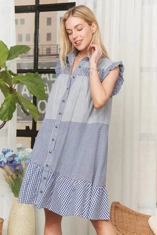 Blue Gingham Ruffle Sleeve Button Down Babydoll Dress