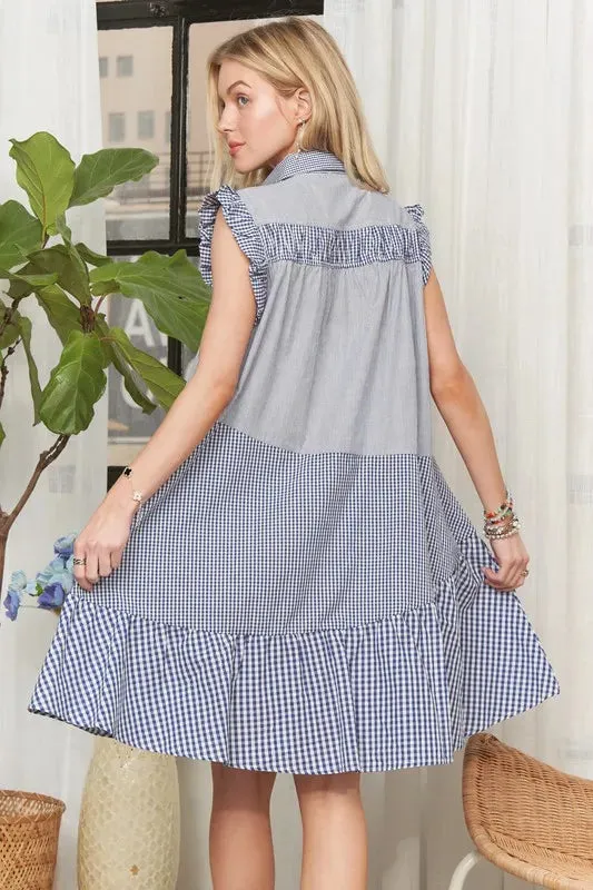 Blue Gingham Ruffle Sleeve Button Down Babydoll Dress