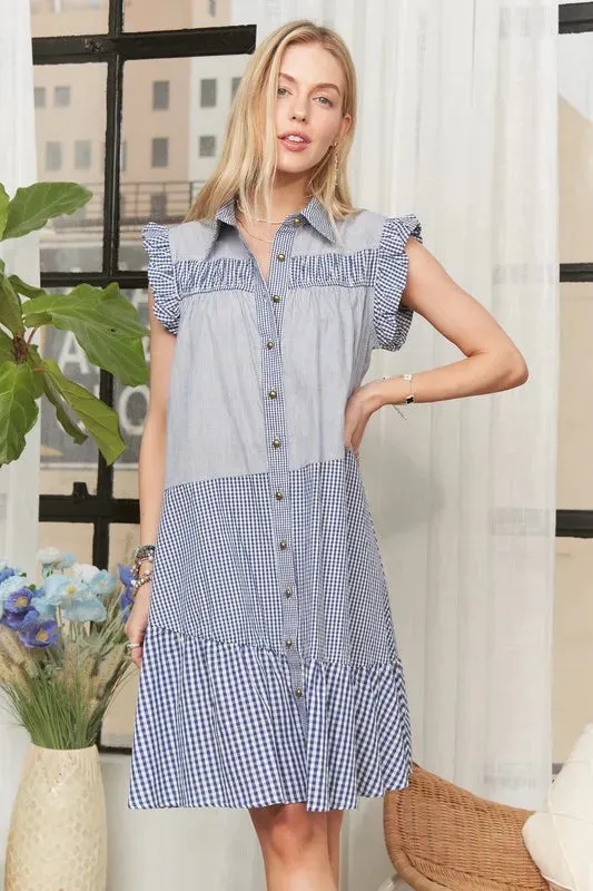 Blue Gingham Ruffle Sleeve Button Down Babydoll Dress