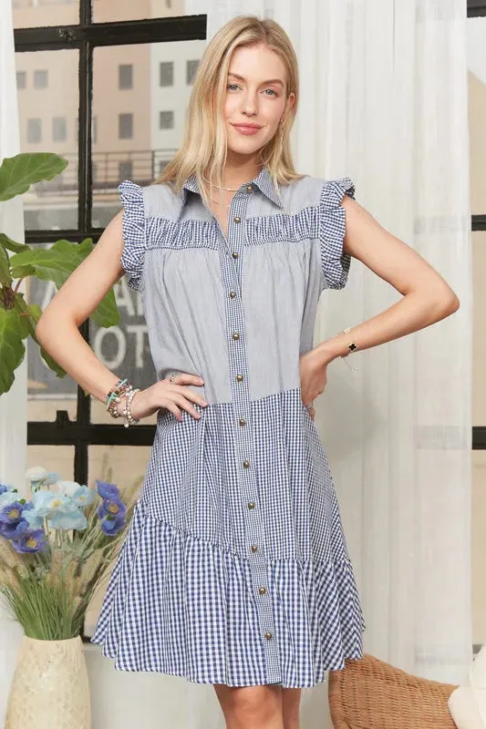 Blue Gingham Ruffle Sleeve Button Down Babydoll Dress