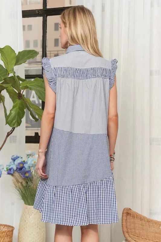 Blue Gingham Ruffle Sleeve Button Down Babydoll Dress