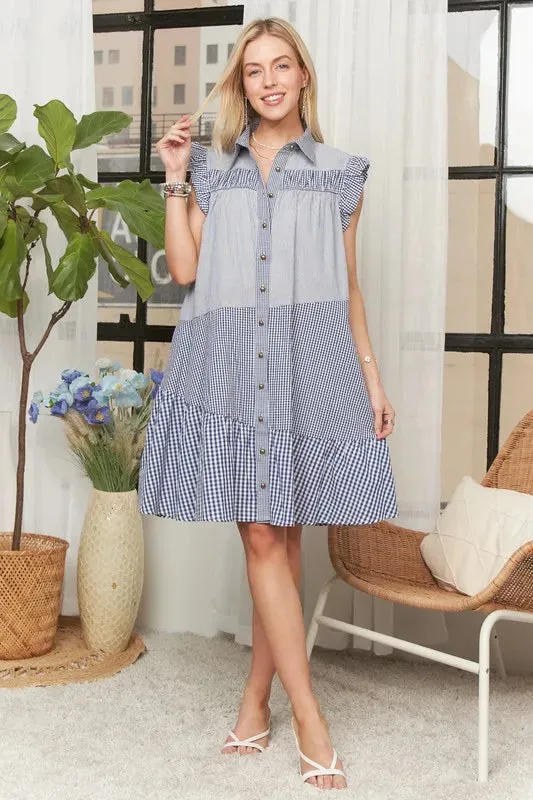 Blue Gingham Ruffle Sleeve Button Down Babydoll Dress