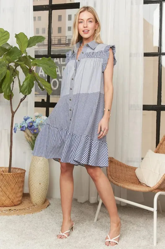 Blue Gingham Ruffle Sleeve Button Down Babydoll Dress