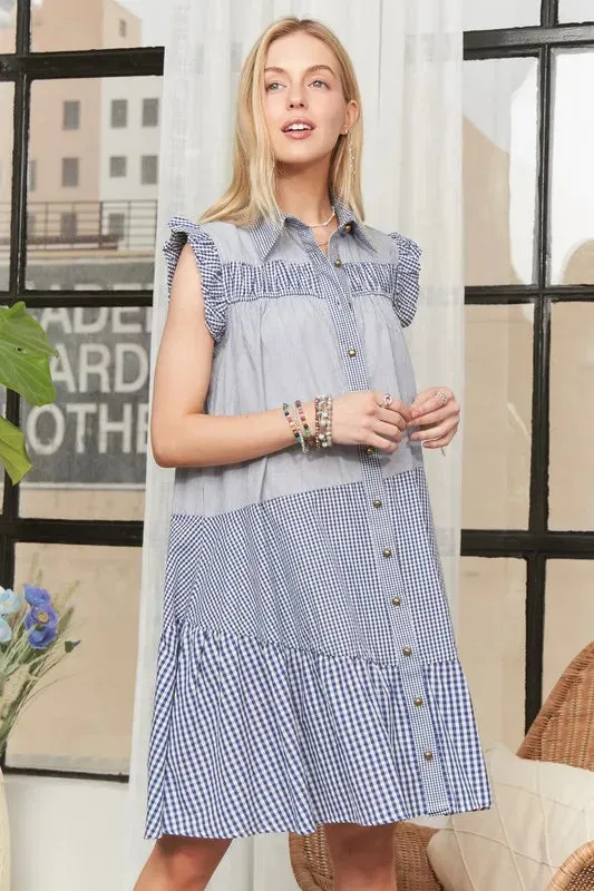 Blue Gingham Ruffle Sleeve Button Down Babydoll Dress