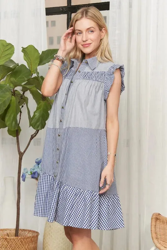 Blue Gingham Ruffle Sleeve Button Down Babydoll Dress