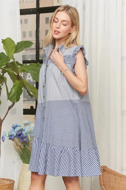 Blue Gingham Ruffle Sleeve Button Down Babydoll Dress