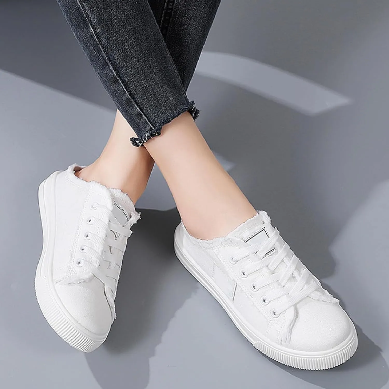Canvas Mules Slip on Sneaker Fashion Comfortable Solid Slippers Casual Shoes Backless Fringed Hem Denim Autumn Style Spring Sports Preppy Flat Students New Retro Pull-on Sneakers Loafers