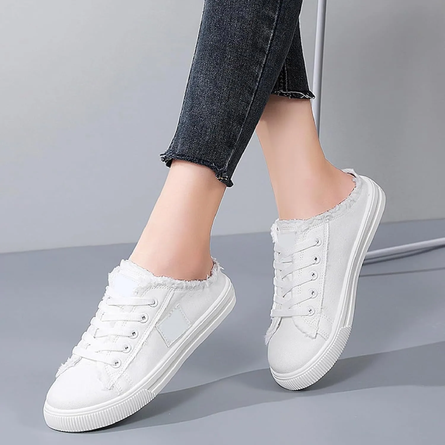 Canvas Mules Slip on Sneaker Fashion Comfortable Solid Slippers Casual Shoes Backless Fringed Hem Denim Autumn Style Spring Sports Preppy Flat Students New Retro Pull-on Sneakers Loafers
