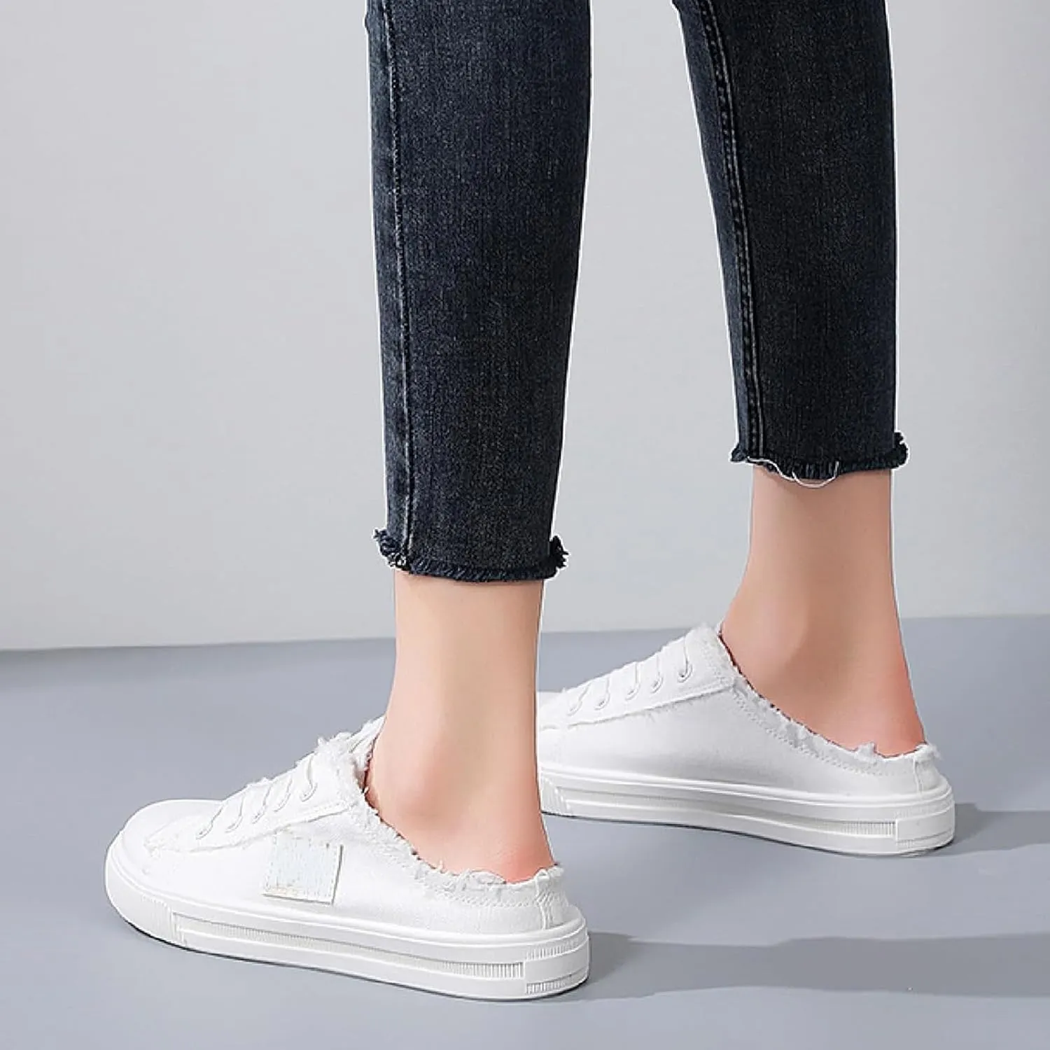 Canvas Mules Slip on Sneaker Fashion Comfortable Solid Slippers Casual Shoes Backless Fringed Hem Denim Autumn Style Spring Sports Preppy Flat Students New Retro Pull-on Sneakers Loafers