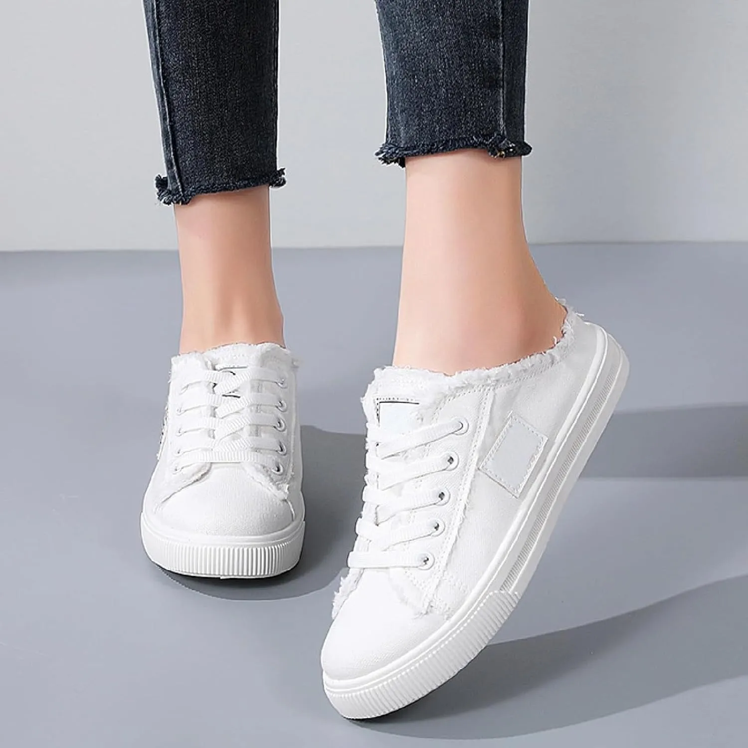 Canvas Mules Slip on Sneaker Fashion Comfortable Solid Slippers Casual Shoes Backless Fringed Hem Denim Autumn Style Spring Sports Preppy Flat Students New Retro Pull-on Sneakers Loafers