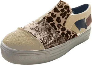 Casual Shoes for Women Summer Lightweight Snakeskin Stitching Flat Canvas Shoes Comfortable Round Toe Slip On Low Cut Sneakers Fashion Color Block Flat Shoe