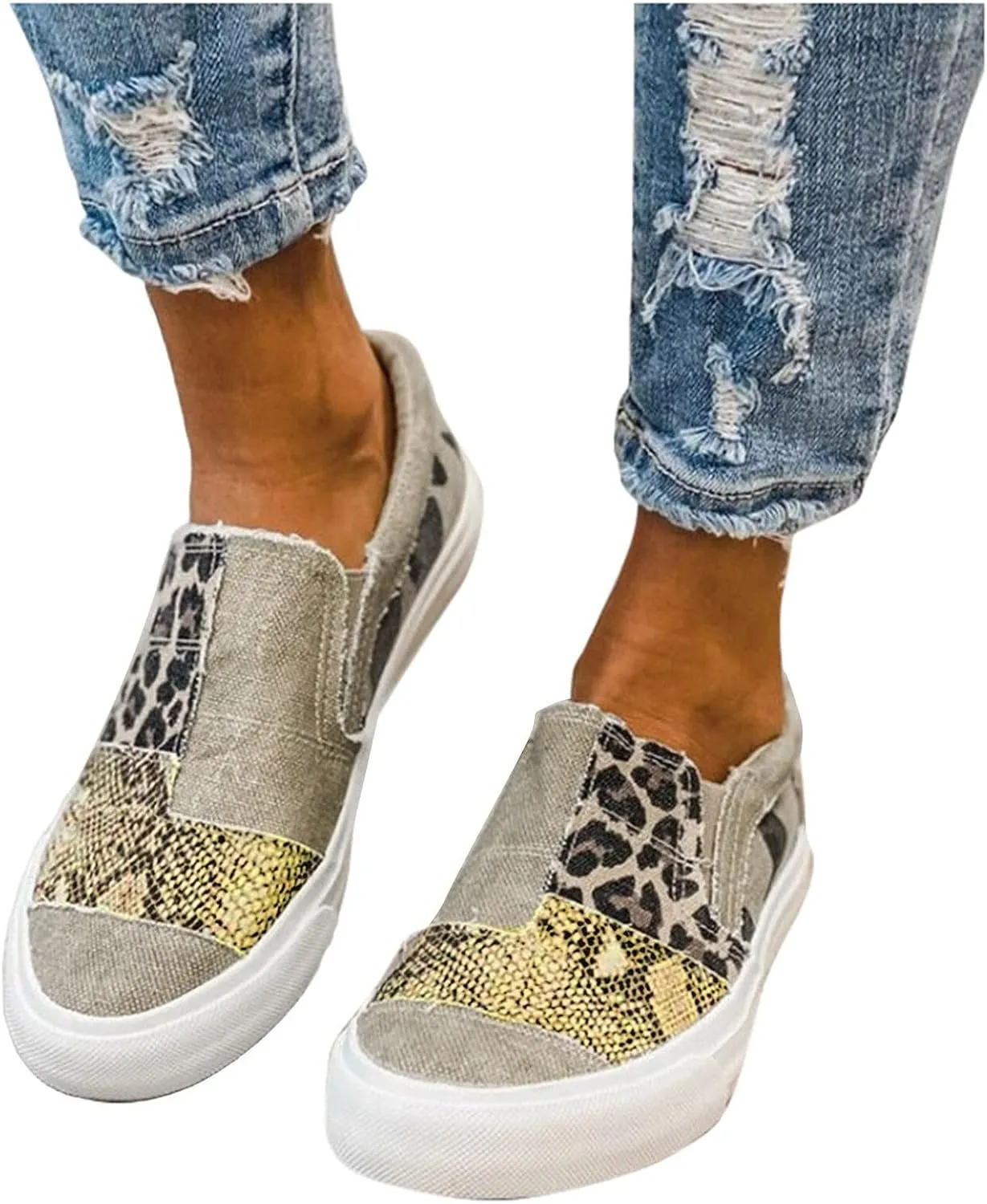 Casual Shoes for Women Summer Lightweight Snakeskin Stitching Flat Canvas Shoes Comfortable Round Toe Slip On Low Cut Sneakers Fashion Color Block Flat Shoe