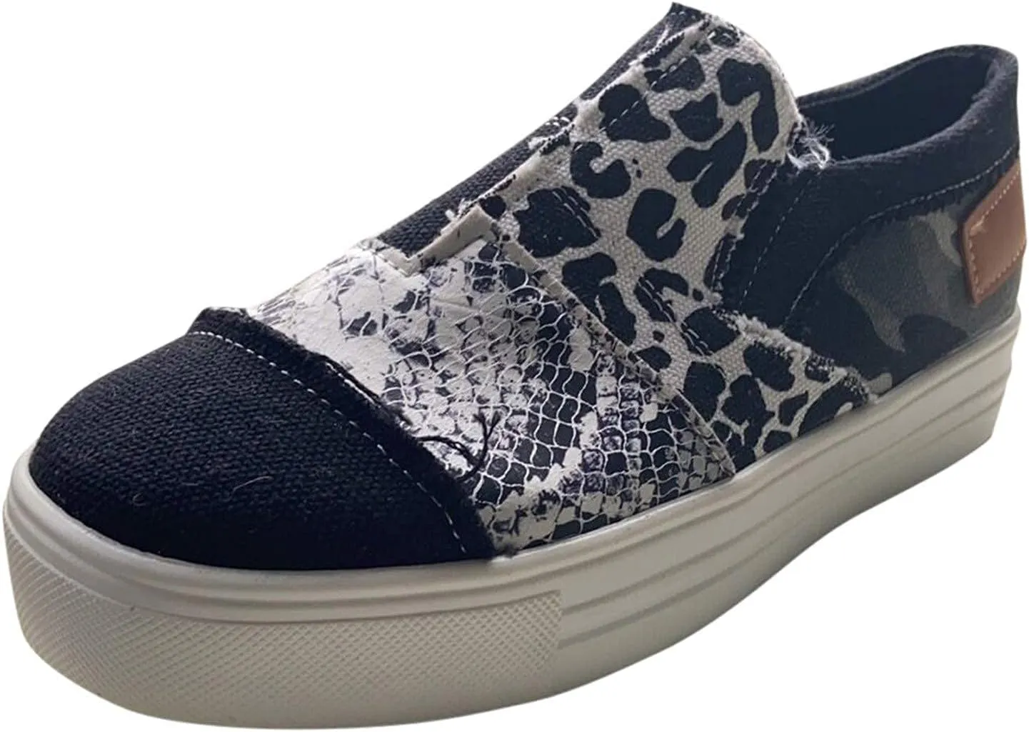 Casual Shoes for Women Summer Lightweight Snakeskin Stitching Flat Canvas Shoes Comfortable Round Toe Slip On Low Cut Sneakers Fashion Color Block Flat Shoe