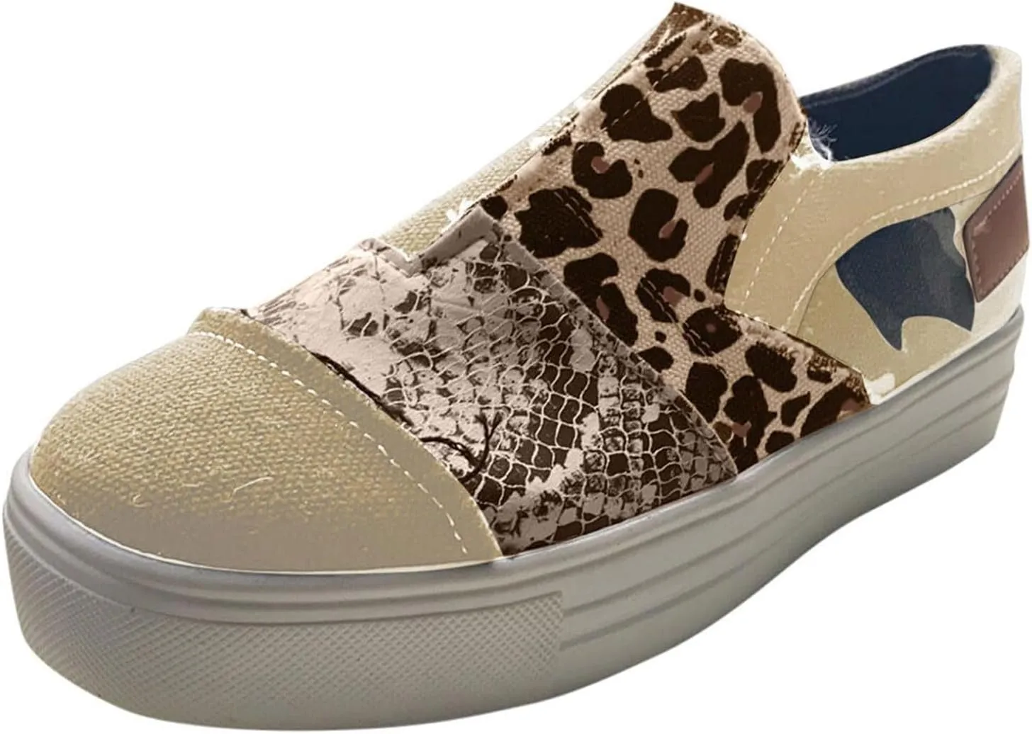 Casual Shoes for Women Summer Lightweight Snakeskin Stitching Flat Canvas Shoes Comfortable Round Toe Slip On Low Cut Sneakers Fashion Color Block Flat Shoe