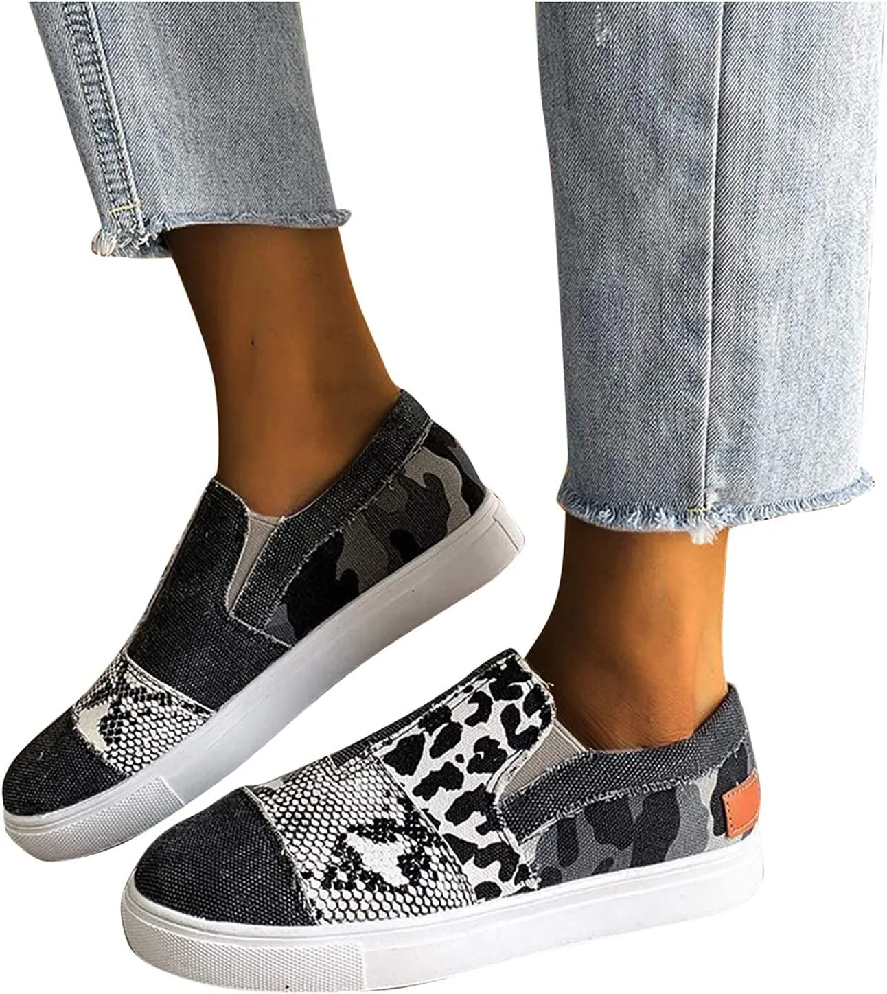 Casual Shoes for Women Summer Lightweight Snakeskin Stitching Flat Canvas Shoes Comfortable Round Toe Slip On Low Cut Sneakers Fashion Color Block Flat Shoe