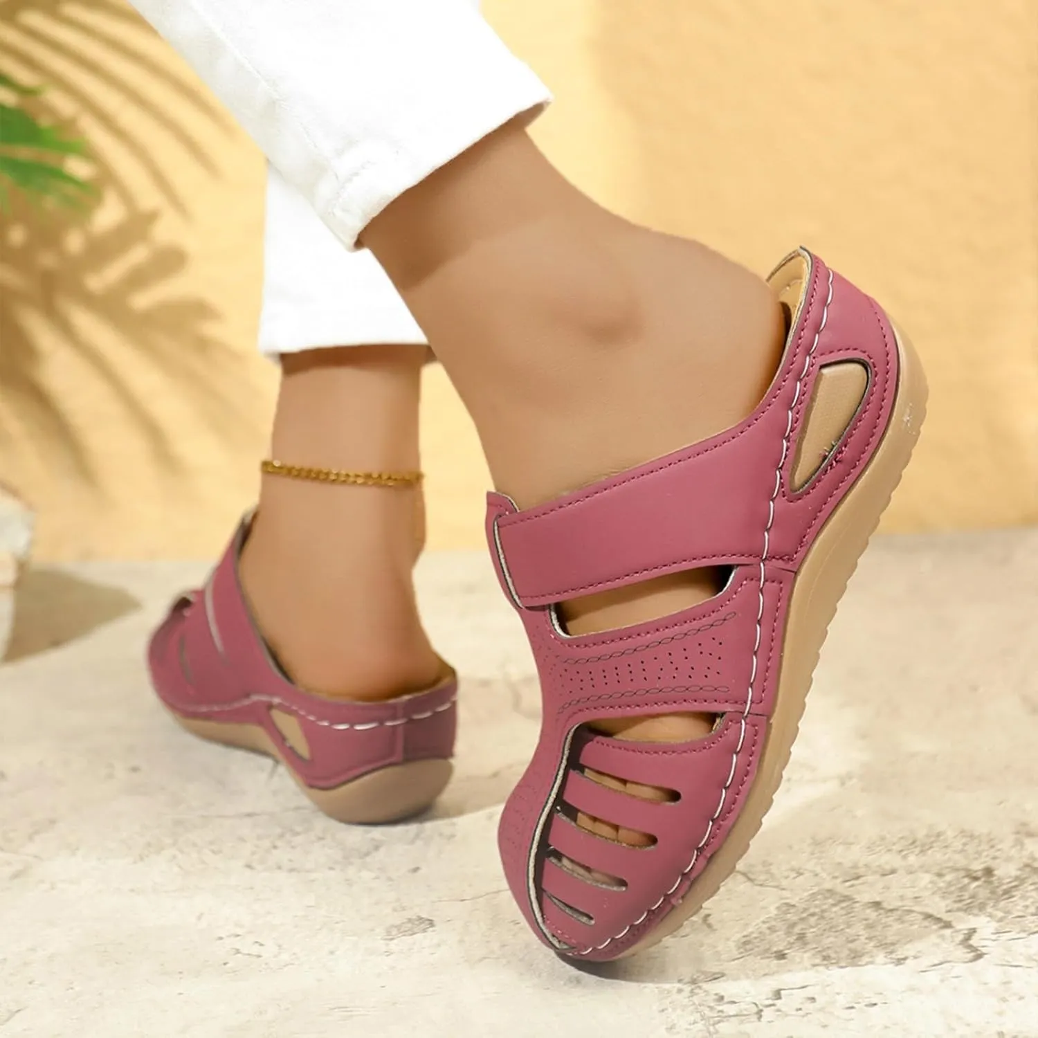 Closed toe Sandals Women Casual Arch Support Hollow Out Adjustable Slip On Retro Platform Sandals Comfortable Soft Soled Casual Shoes