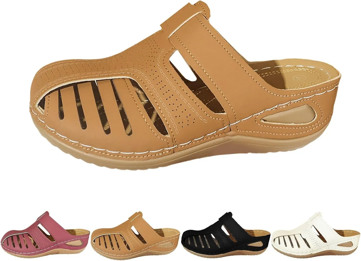Closed toe Sandals Women Casual Arch Support Hollow Out Adjustable Slip On Retro Platform Sandals Comfortable Soft Soled Casual Shoes