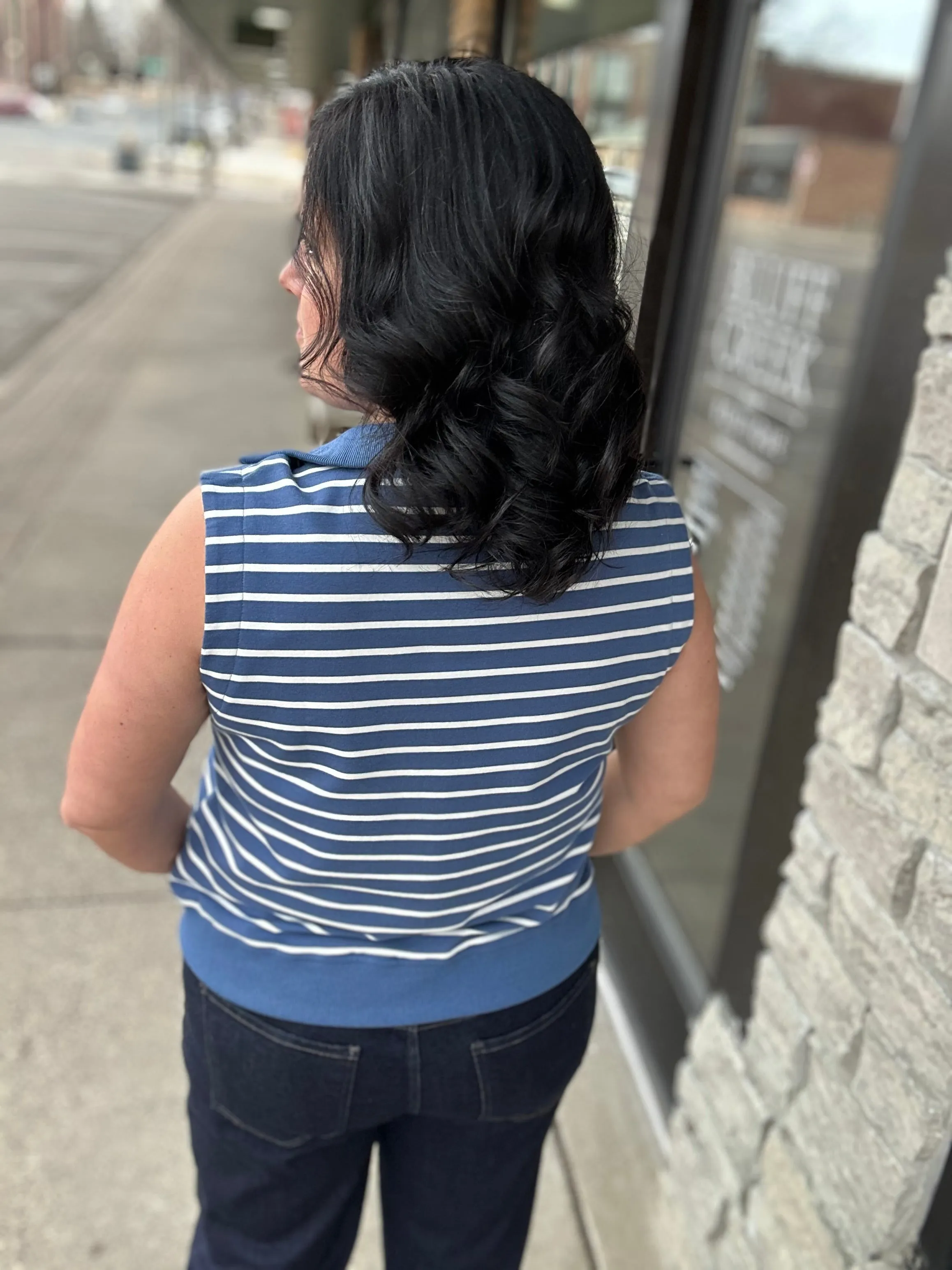 Denim Striped Zip Front Sleeveless Top