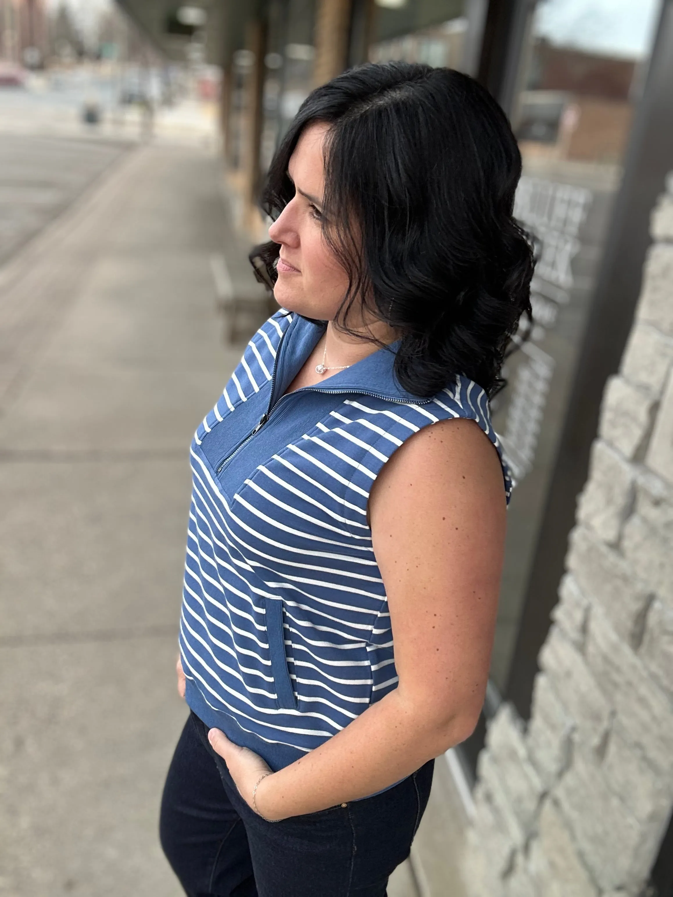 Denim Striped Zip Front Sleeveless Top