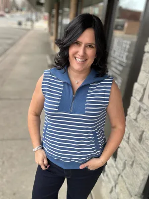 Denim Striped Zip Front Sleeveless Top