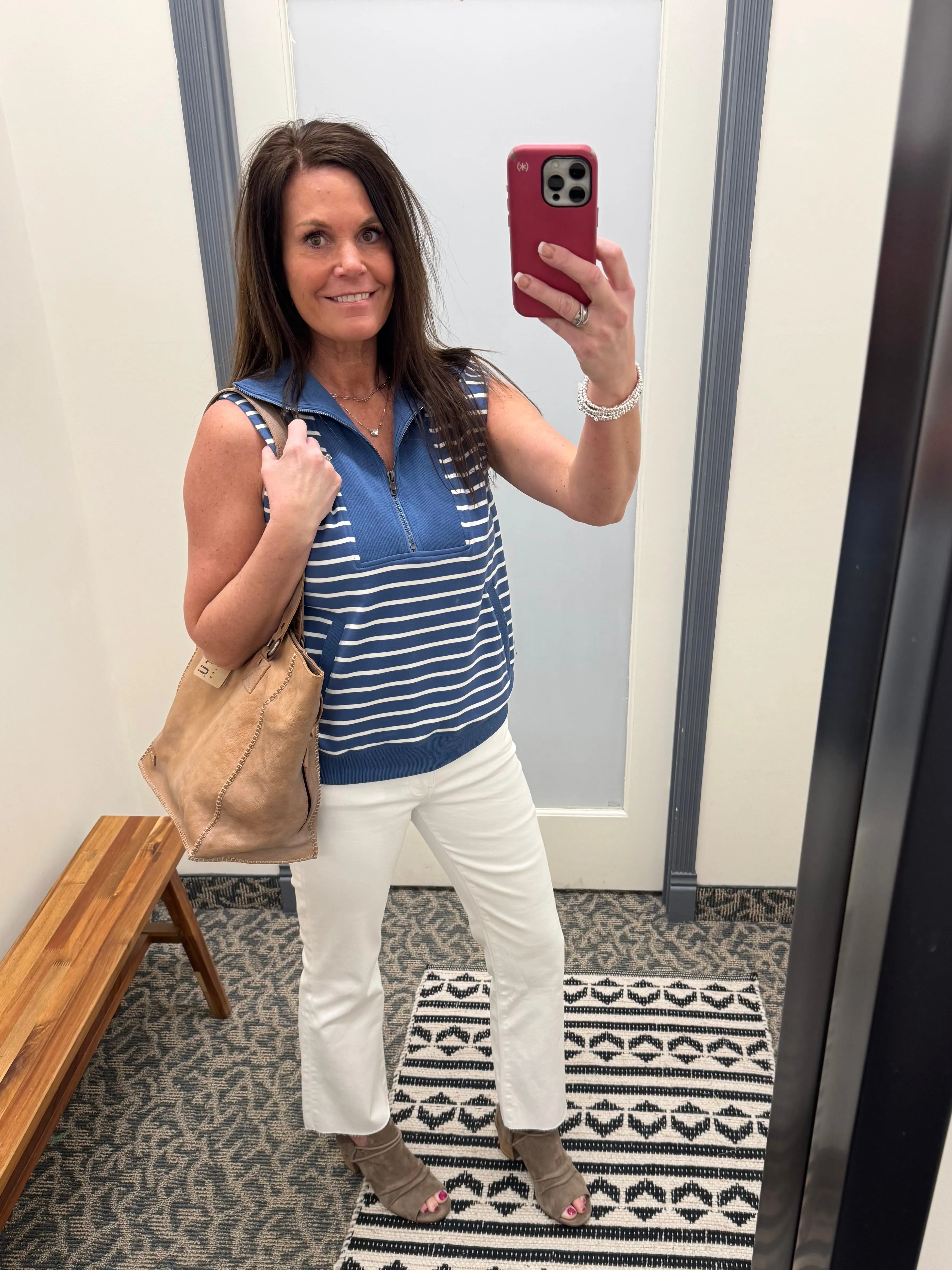 Denim Striped Zip Front Sleeveless Top
