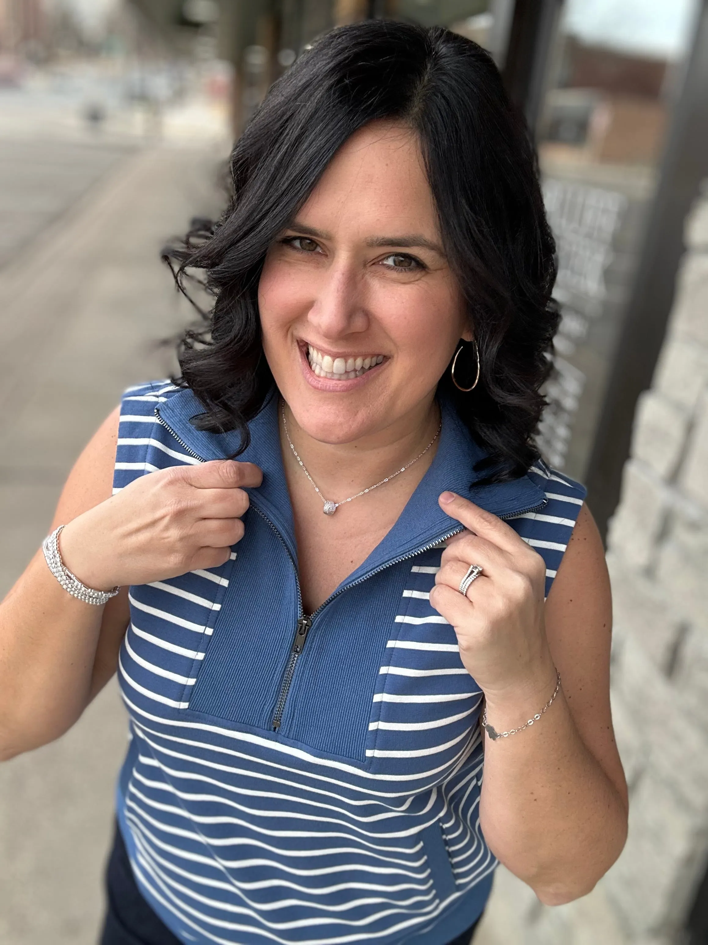 Denim Striped Zip Front Sleeveless Top