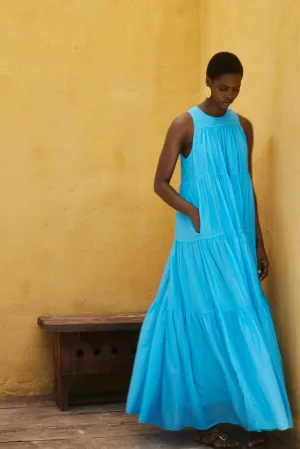 DEVOTION TWINS Cotton Voile Maxi Dress Cyan Blue