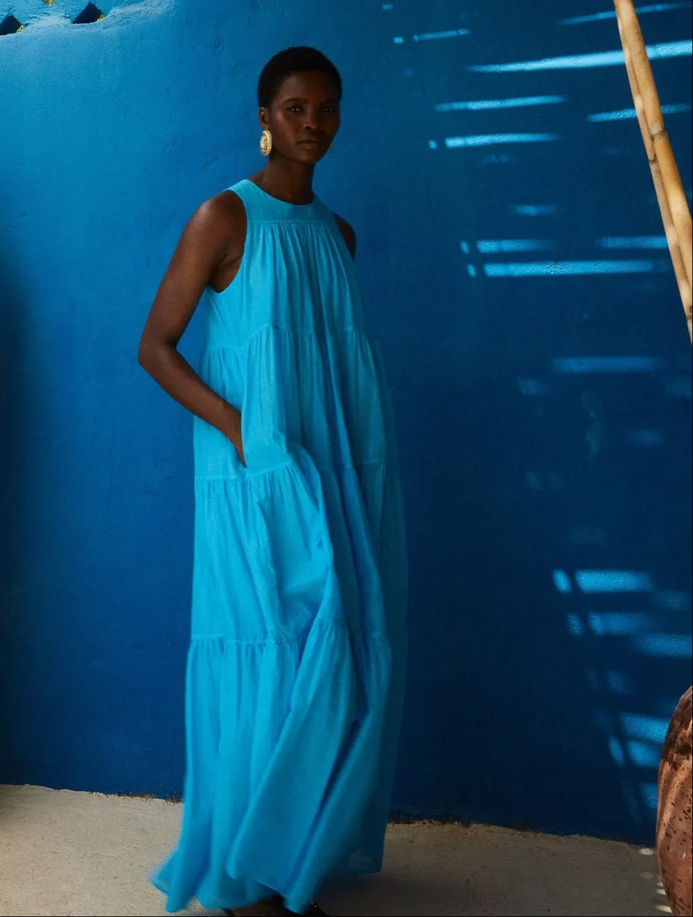 DEVOTION TWINS Cotton Voile Maxi Dress Cyan Blue