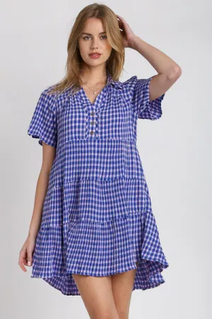 Gingham Tiered Button Detail Short Sleeve Dress Plus Size