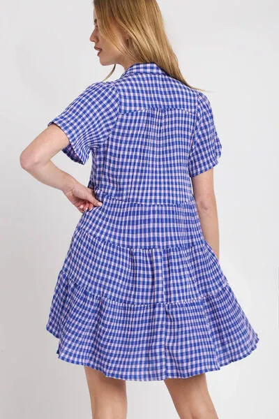 Gingham Tiered Button Detail Short Sleeve Dress Plus Size
