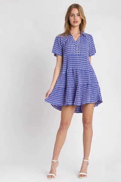Gingham Tiered Button Detail Short Sleeve Dress Plus Size